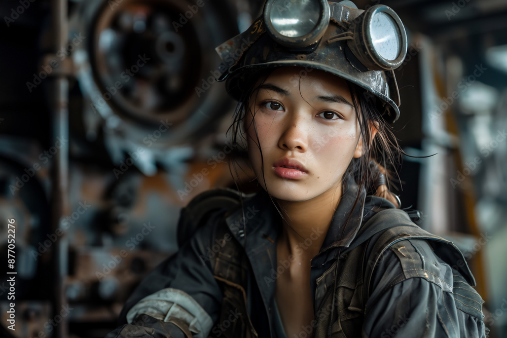 Asian female miner taking a break at a coal mine Asian female miner taking a break at a coal mine