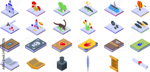Fantasy paper book icons set. Open books are showing different stories and genres with isometric illustrations, representing the power of imagination and the diversity of literature