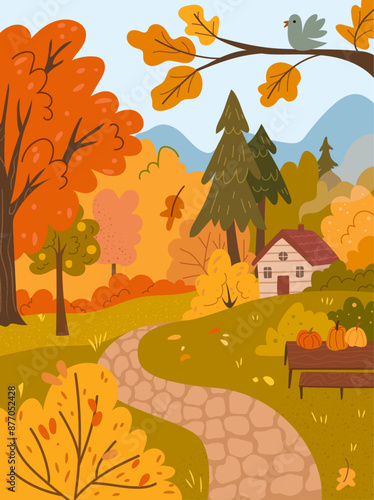 Autumn alley, empty park ways village cottage house, pathway and red yellow leaves in forest. Vector illustration of fall mood, cartoon style. Autumnal road outdoor walkway landscape