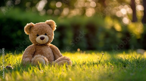 Teddy bear sitting on the lawn in the garden © Emma