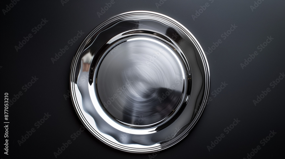 silver plate on black table, Filled circular platinum plated metal plate isolated on a black background, top view silver plate on black table, Filled circular platinum plated metal plate isolated on a black background, top view