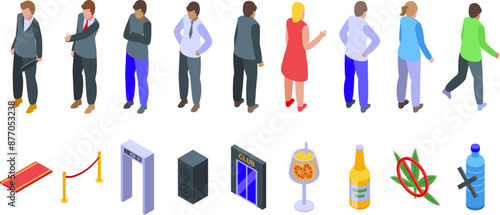 Face control party icons set. Isometric set of people waiting in line to enter night club with security guard checking