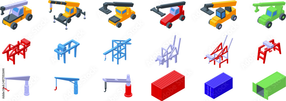 Crane lifting maritime container icons set. Collection of colorful isometric icons representing port cranes and transportation vehicles lifting cargo containers Crane lifting maritime container icons set. Collection of colorful isometric icons representing port cranes and transportation vehicles lifting cargo containers
