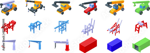 Crane lifting maritime container icons set. Collection of colorful isometric icons representing port cranes and transportation vehicles lifting cargo containers