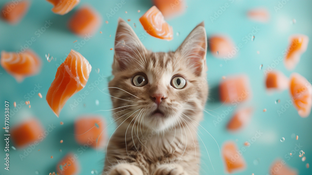 Cat with Salmon pieces, tuna pieces and avocado. colorful background. Cat with Salmon pieces, tuna pieces and avocado. colorful background.