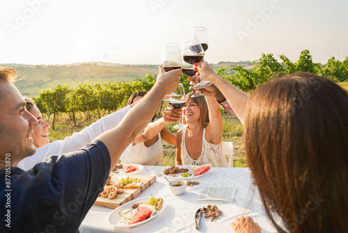 Happy adult friends having fun drinking red wine and eating together with vineyard in background - Multiracial people doing appetizer at summer time in countryside resort - Main focus on hands photo