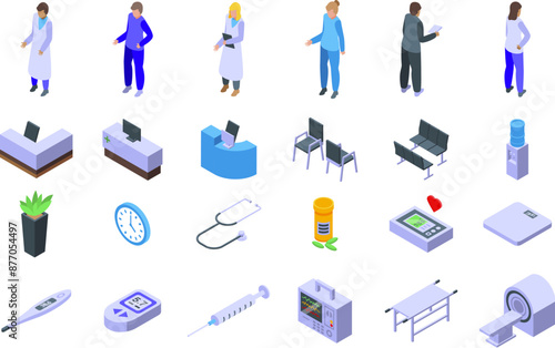 Hospital reception icons set. Set of isometric icons showing medical professionals, patients, and various medical equipment found in a clinic