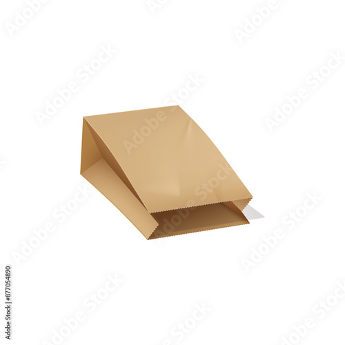 Brown paper lunch bag vector 3D mockup, eco packet, realistic open empty kraft bag package design for takeaway product