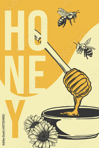 Natural honey poster. Detailed engraved illustration. Graphic honey pod, flowers, wooden spoon with honey drops. Vector banner, poster, packaging, flyer for business promote.