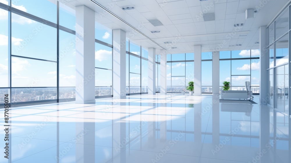 Spacious white office with large windows and shiny floor Spacious white office with large windows and shiny floor
