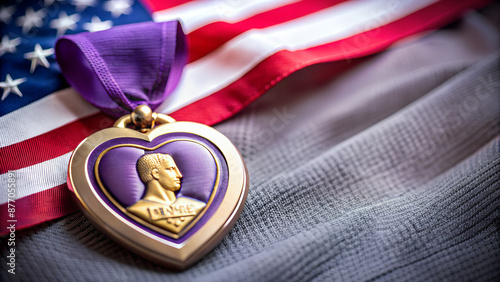 Purple Heart medal on folded American flag with soft gray background photo