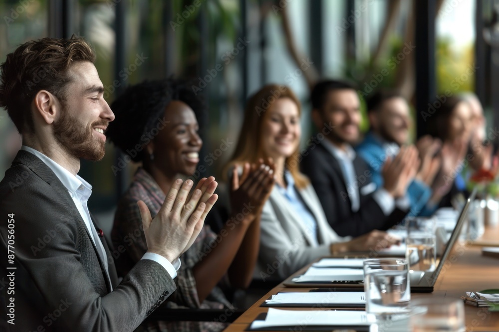 Group of diverse business people applauding, clapping hands during meeting or presentation Group of diverse business people applauding, clapping hands during meeting or presentation