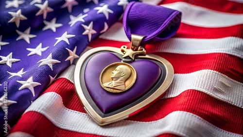 Purple Heart medal resting on the American flag photo