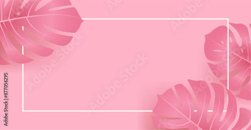 Pink tropical leaves border on pastel background with white rectangular frame