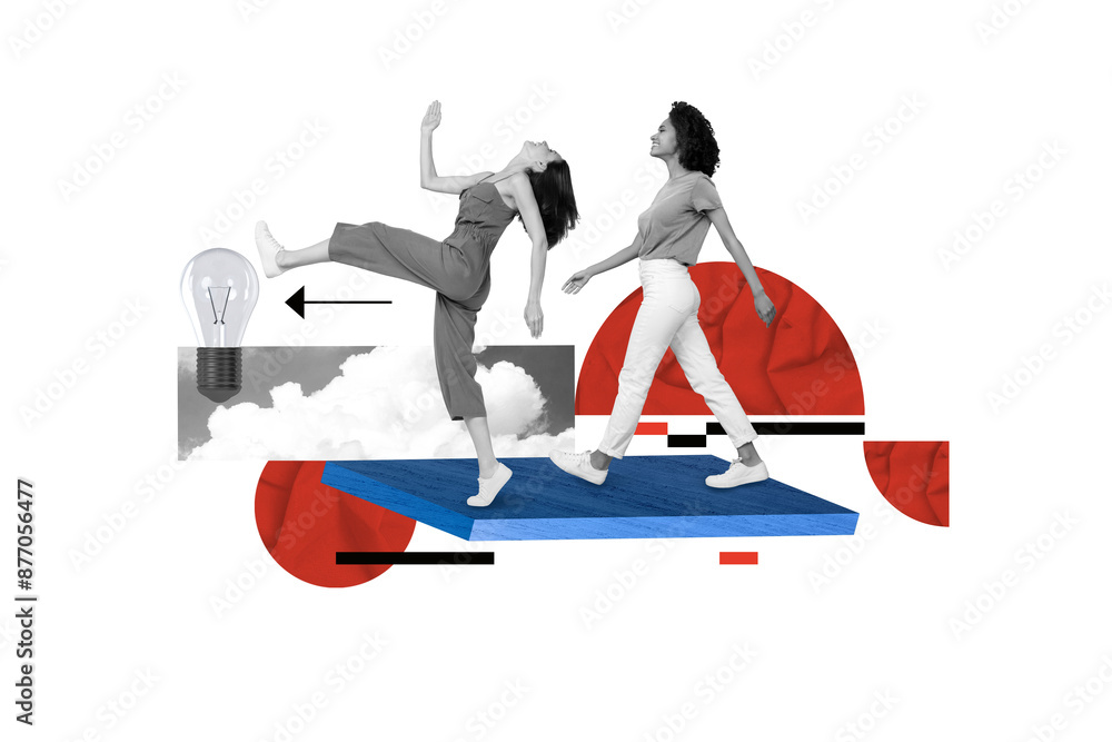 Photo cartoon comics sketch collage picture of smiling excited ladies walking achieving aim isolated drawing background Photo cartoon comics sketch collage picture of smiling excited ladies walking achieving aim isolated drawing background
