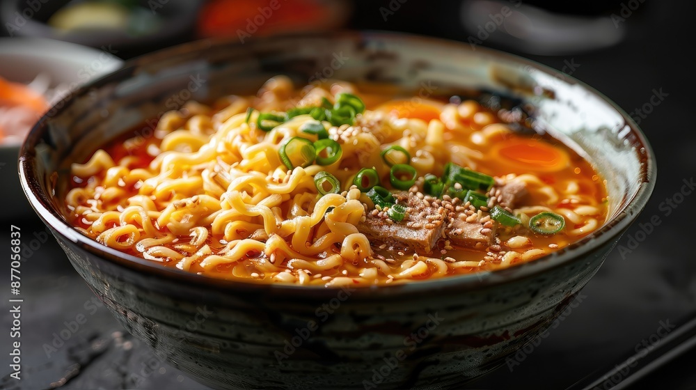 Japanese soup ramen in bowl on dark background Japanese soup ramen in bowl on dark background