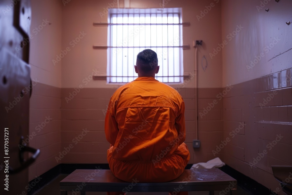 Jailed man dressed in orange jumpsuit sit on a bench of a prison cell alone Jailed man dressed in orange jumpsuit sit on a bench of a prison cell alone
