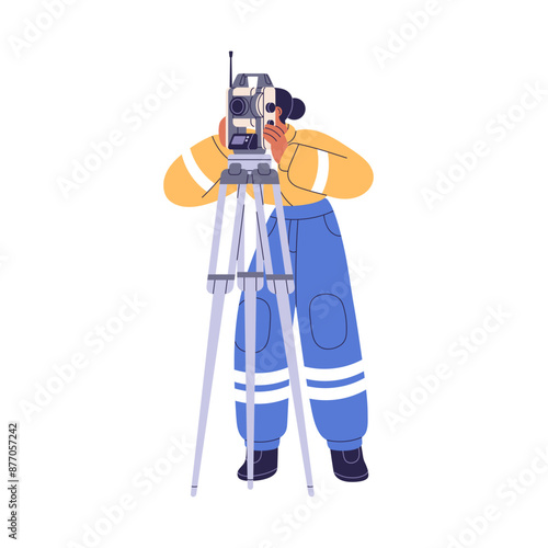 Surveyor using theodolite, GPS receiver. Surveying engineer with total station device on tripod, geodesy work. Professional worker with tool. Flat vector illustration isolated on white background