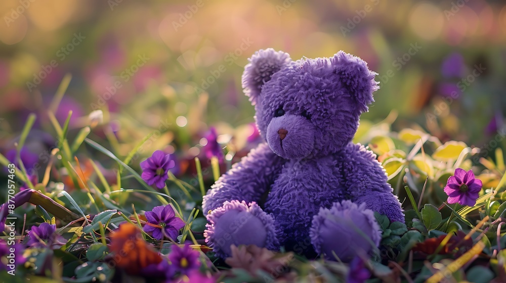 Fototapeta premium toy flower purple bear on the grass