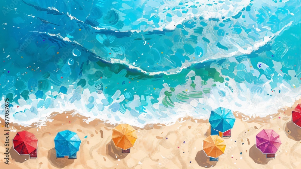 Fototapeta premium Serene beach scene with gentle waves lapping at the shore and colorful umbrellas dotting the sandy expanse