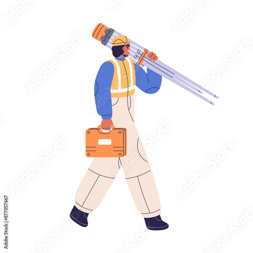 Surveyor carrying equipment. Surveying engineer with tripod and tool case. Geodesy and topography worker. Professional with theodolite in hand. Flat vector illustration isolated on white background
