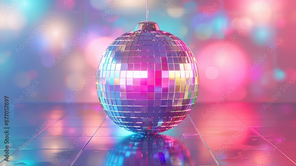 Fototapeta premium Sparkling disco ball reflecting a myriad of colors in an environment with vibrant, dynamic lighting setup, capturing the essence of a lively and exhilarating party scene.
