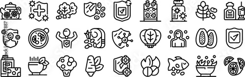 Boost immune icons set. Line icons representing healthy habits, food and immune system boosting vitamins