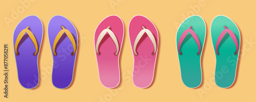 Colorful flip flops summer beach footwear on yellow background. Purple pink green sandals. Summer vacation holiday concept. Flat design