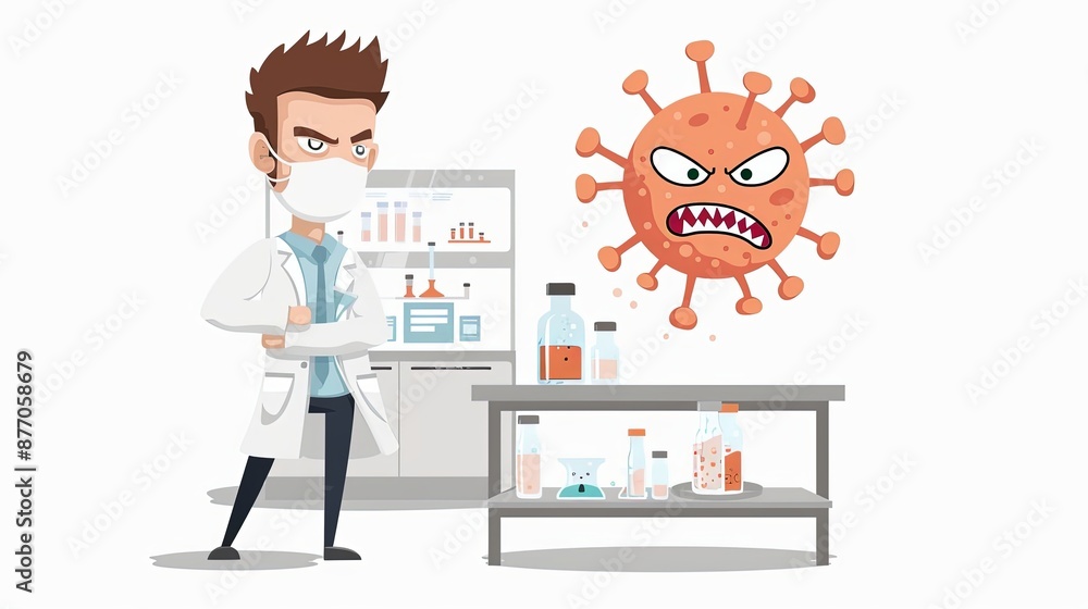 a doctor with angry virus in laboratory flat illustration design a doctor with angry virus in laboratory flat illustration design