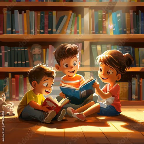 Children Reading Books Together in a Cozy Library Setting: Warm and Engaging Scene of Kids Enjoying Literature, Highlighting the Joy of Reading and Learning in a Comfortable Environment