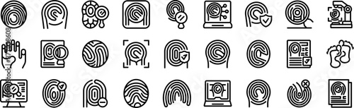 Evidence fingerprint icons set. Line icons set illustrating different methods of fingerprint scanning for biometric security purposes
