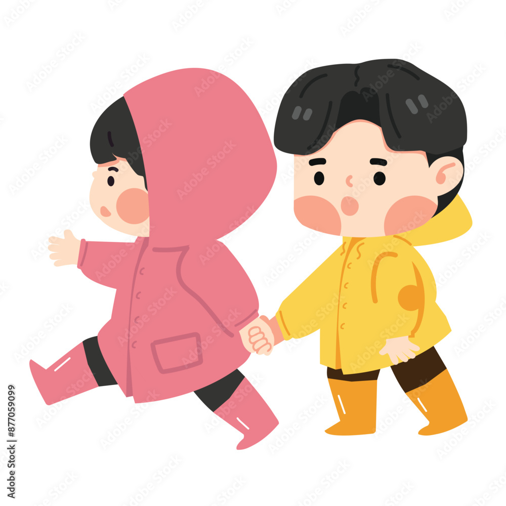 Kids wearing raincoats and holding hands Kids wearing raincoats and holding hands