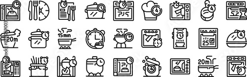 Cook time icons set. Chefs cooking food using different kitchen timers icons set. Outline set of chefs cooking food using different kitchen timers vector icons for web design isolated on white