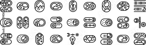 Night day mode icons set. Line icons of toggle switch buttons featuring sun and moon phases for day and night mode settings
