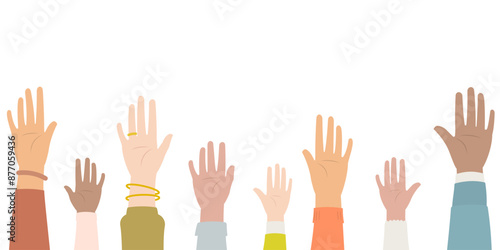 Hands of diverse people with colorful sleeves raising and showing palm of the hands in flat design
