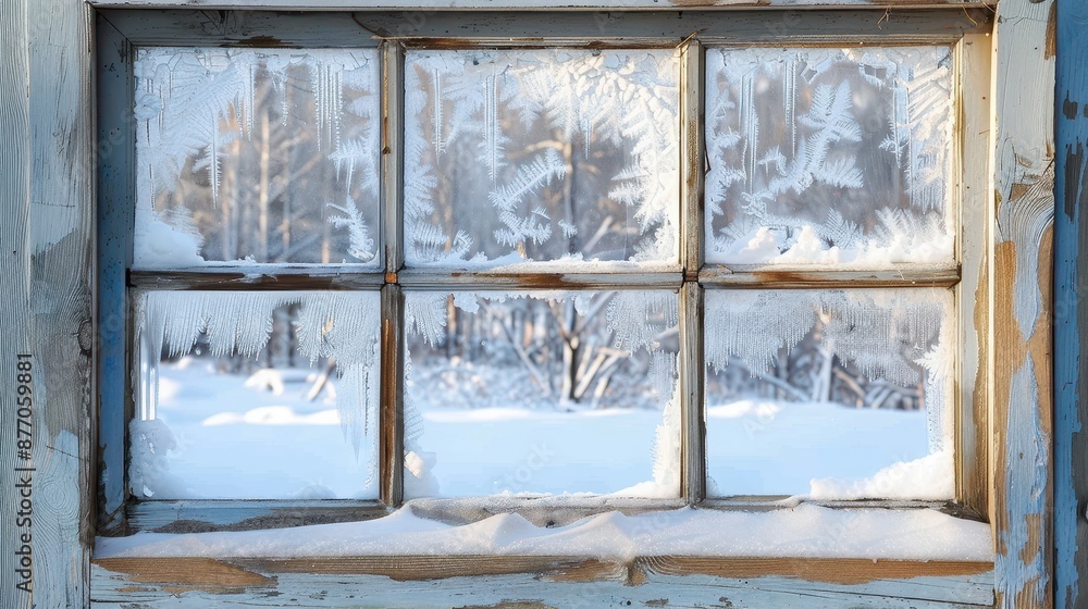 Naklejka premium A rustic window covered in delicate frost designs, providing a clear view of a peaceful, snow-covered winter landscape. The aged frame adds character and charm.
