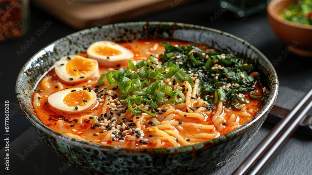 Japanese soup ramen in bowl on dark background Japanese soup ramen in bowl on dark background