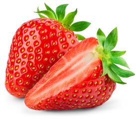 Strawberry on transparent background. PNG format. Strawberry with a half isolated png. Two sliced strawberries with no background. Full depth of field.