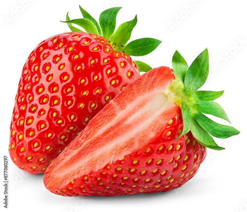 Strawberry on transparent background. PNG format. Strawberry with a half isolated png. Two sliced strawberries with no background. Full depth of field.