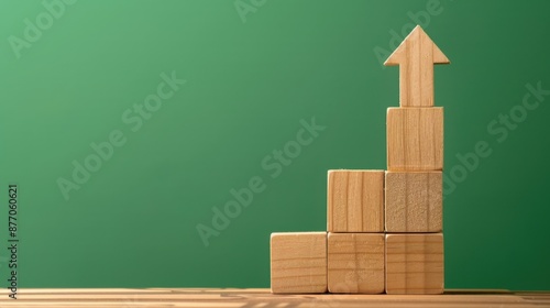 Wooden blocks stacked to form an arrow on a green background.