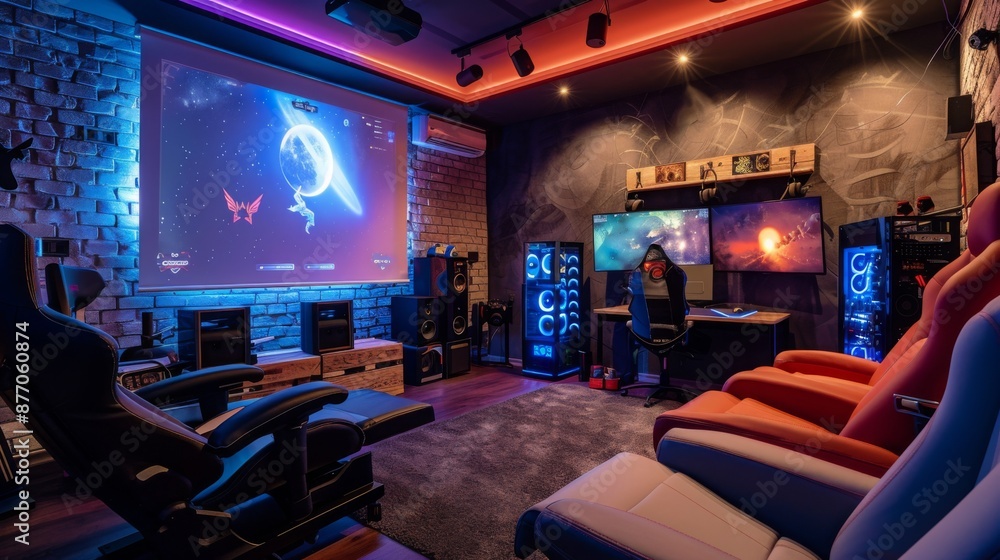 A gaming room with multiple screens, a projector, surround sound, and comfortable recliners. A gaming room with multiple screens, a projector, surround sound, and comfortable recliners.