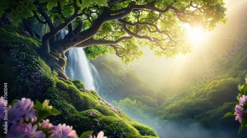 Majestic forest waterfall: A cascading waterfall surrounded by lush greenery and vibrant wildflowers, with sunlight filtering through the canopy.