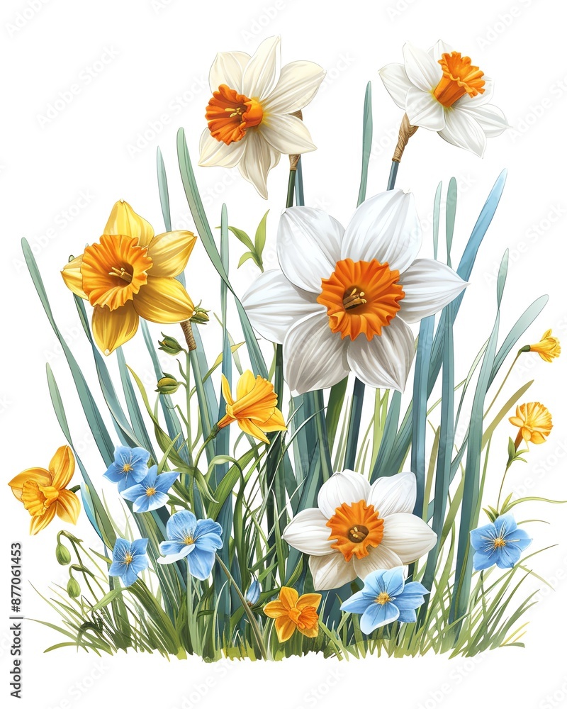 Fototapeta premium A vibrant bouquet of daffodils and bluebells in full bloom, set against a white background. The flowers are a cheerful yellow and white, with green leaves and stems.