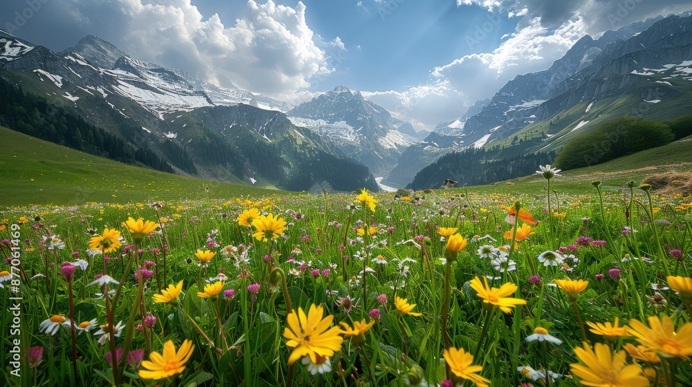 Obraz premium Idyllic mountain landscape with blooming meadows in summer springtime