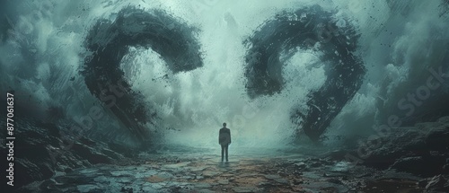 A man stands in front of two large, twisted, dark, and stormy creatures © ART IS AN EXPLOSION.