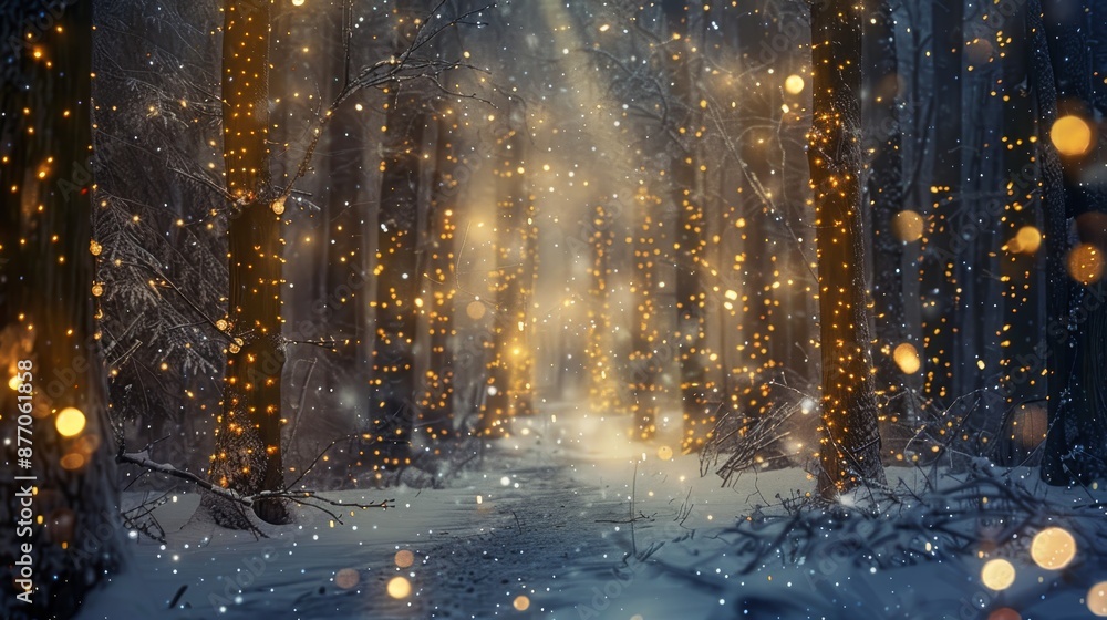 Enchanted dark forest realistic night snowfall, glowing lights, starlit sky magical ambiance Enchanted dark forest realistic night snowfall, glowing lights, starlit sky magical ambiance