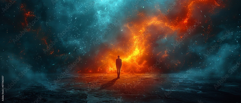 A man is walking through a fiery landscape A man is walking through a fiery landscape