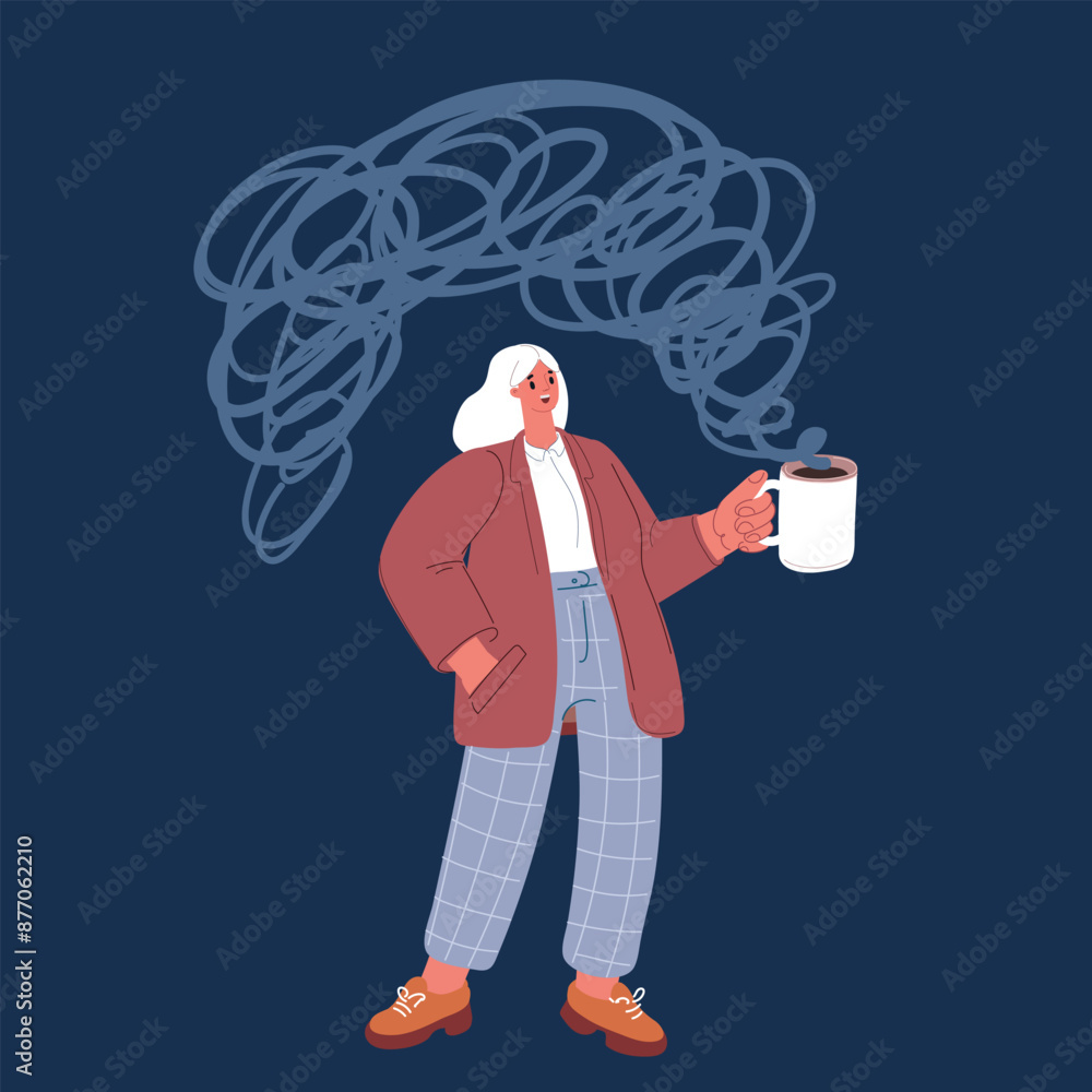 Carton vector illustration of Girl holding white coffee mug over dark background. Carton vector illustration of Girl holding white coffee mug over dark background.