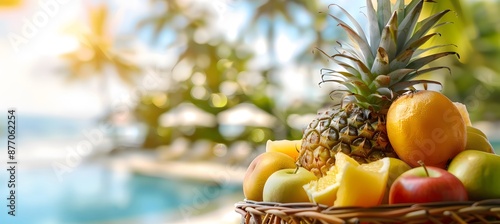 Fresh fruit and blurred resort background. photo