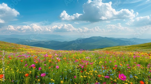 Fototapeta Naklejka Na Ścianę i Meble -  Idyllic mountain landscape with blooming meadows in summer springtime